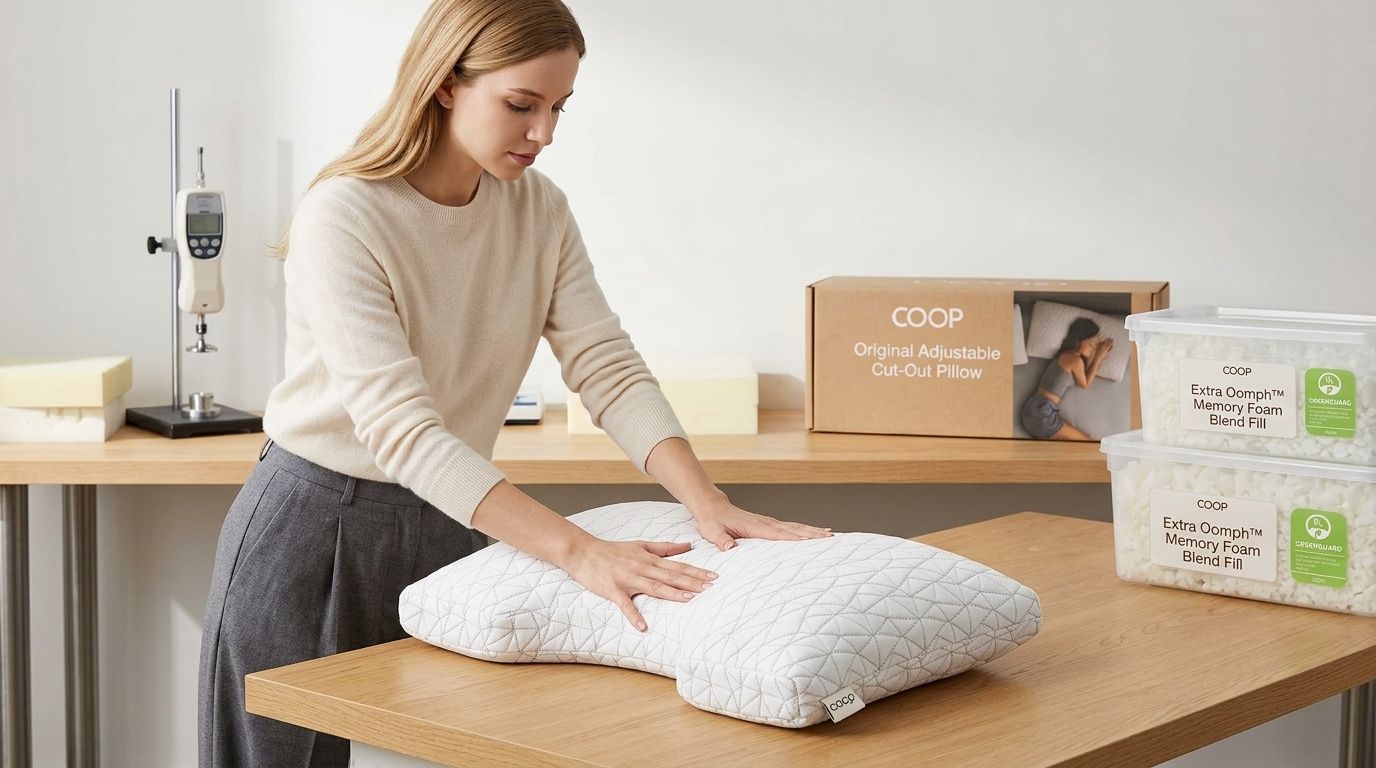 Side sleeper resting with head supported by an ergonomic pillow keeping the cervical spine neutral