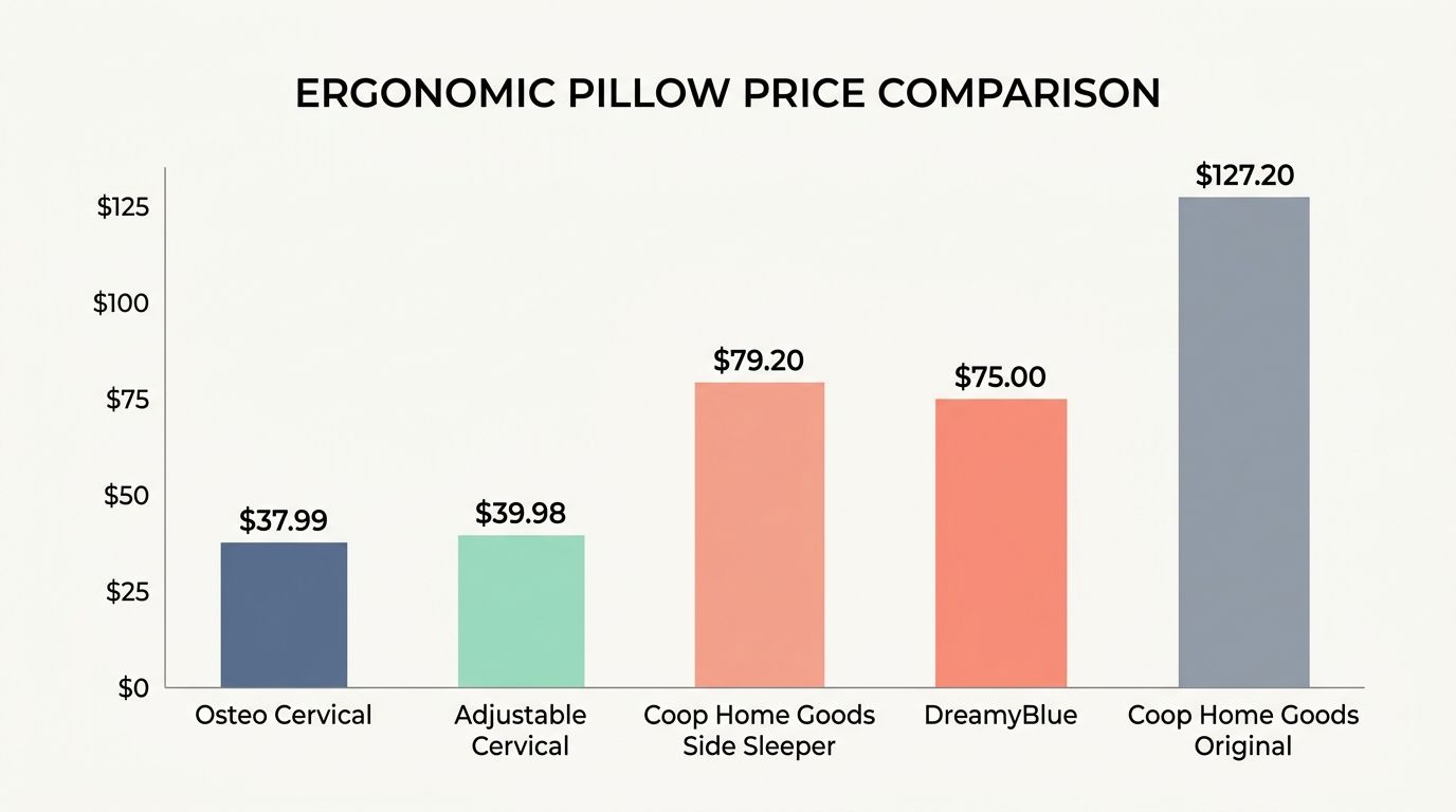 Comparison chart showing fill type, adjustability, certifications, and cervical support across five ergonomic neck pain pillows